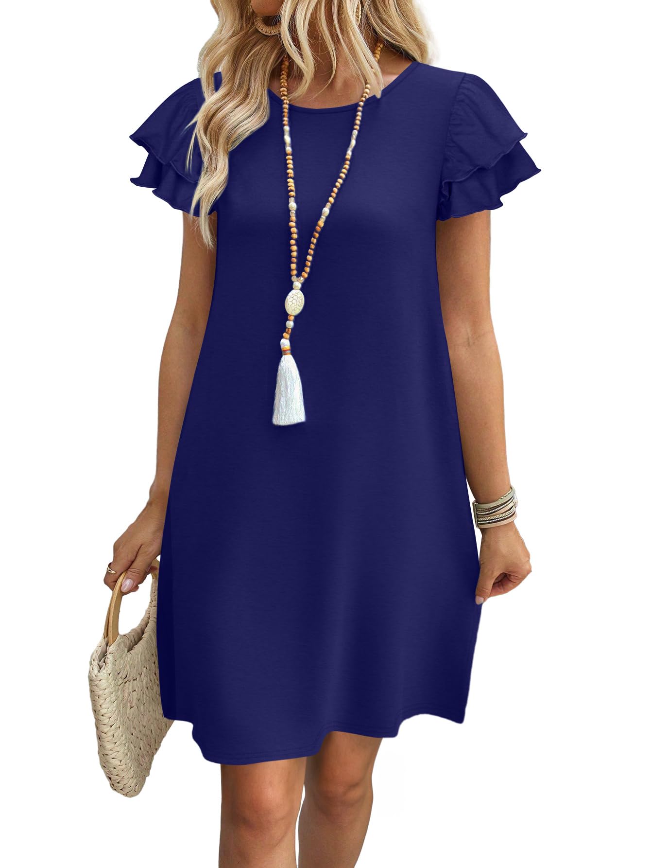 Womens Summer Dresses 2026 Ruffle Sleeve Round Neck Loose Swing Sundresses with Pockets Plain/Print