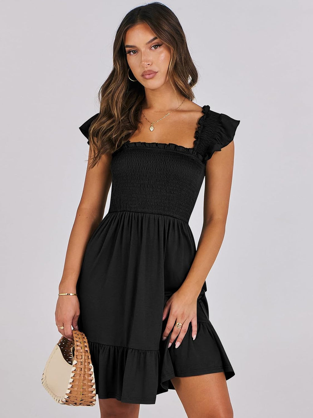 Women's Summer Casual Sleeveless Square Neck Dress 2026 Smocked Ruffle Backless Boho Beach Cute Teen Short Sundress