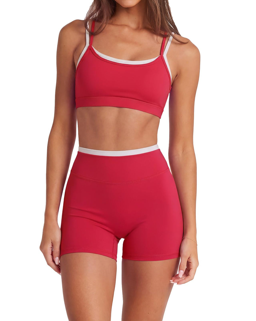 2 Piece Workout Sets Layered Sports Bra Yoga Gym Biker Shorts