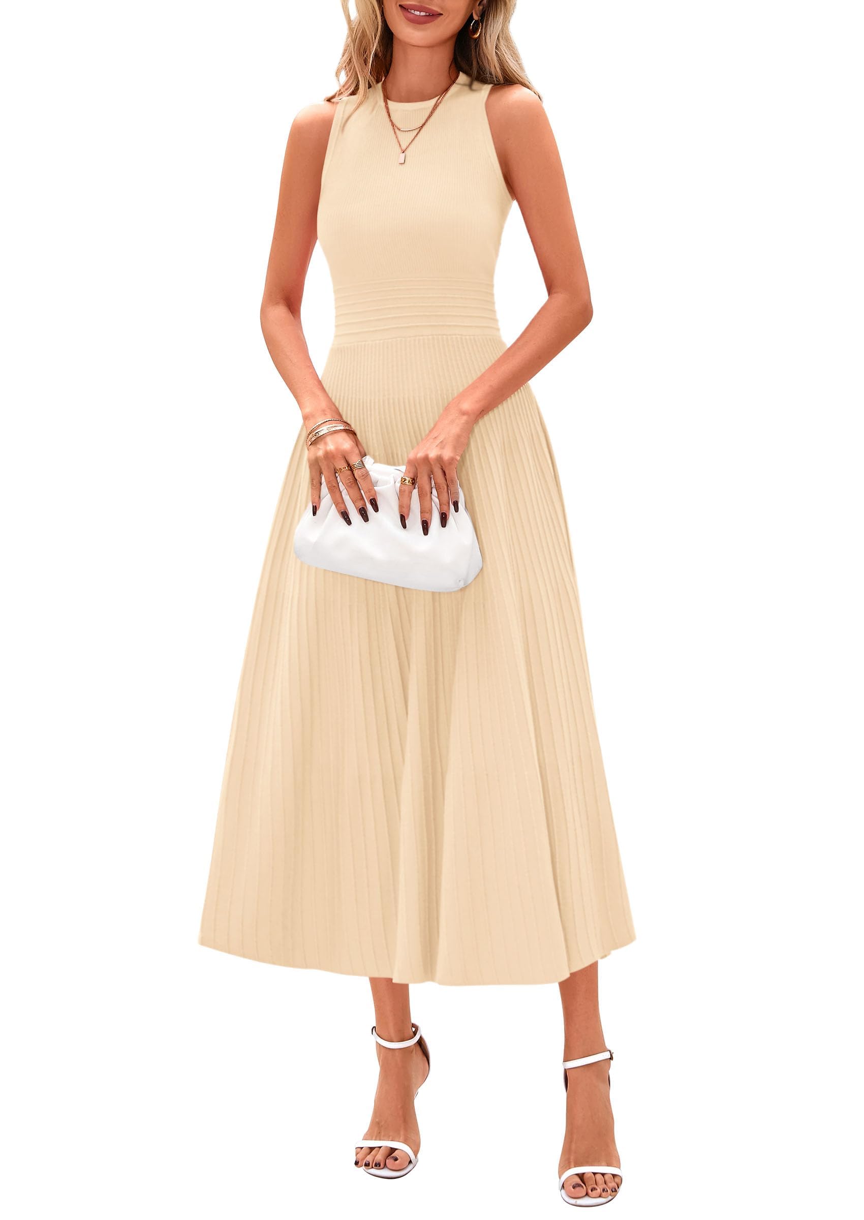 Women's Summer Pleated Midi Work Dress | Sleeveless A Line Knit Business Dresses, Spring Semi Formal Long Dress for Wedding Guest, Cocktail Party, Teacher Outfits