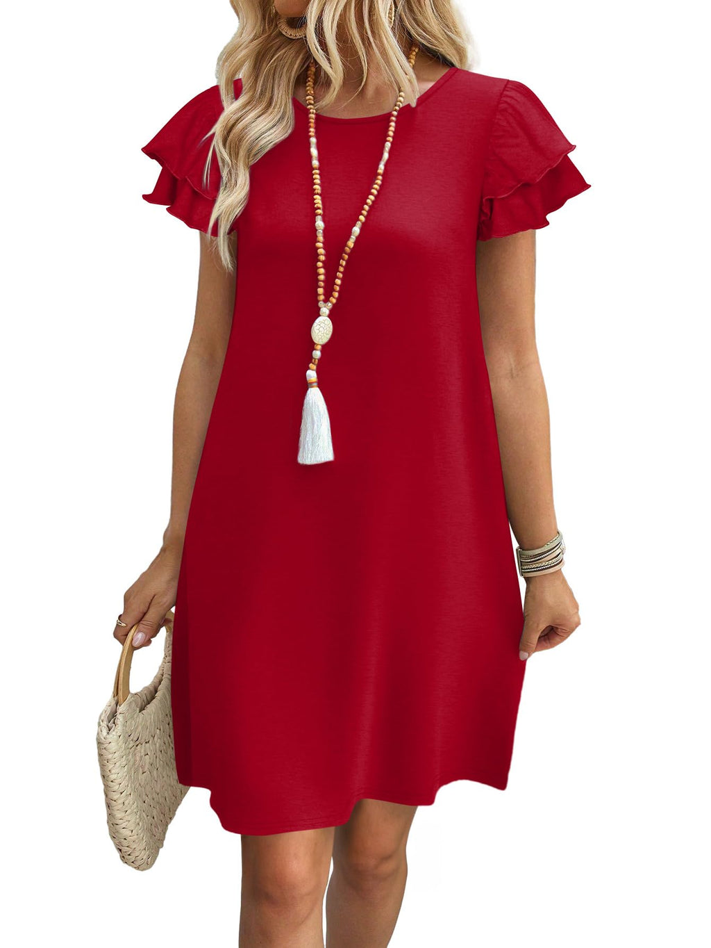 Womens Summer Dresses 2026 Ruffle Sleeve Round Neck Loose Swing Sundresses with Pockets Plain/Print