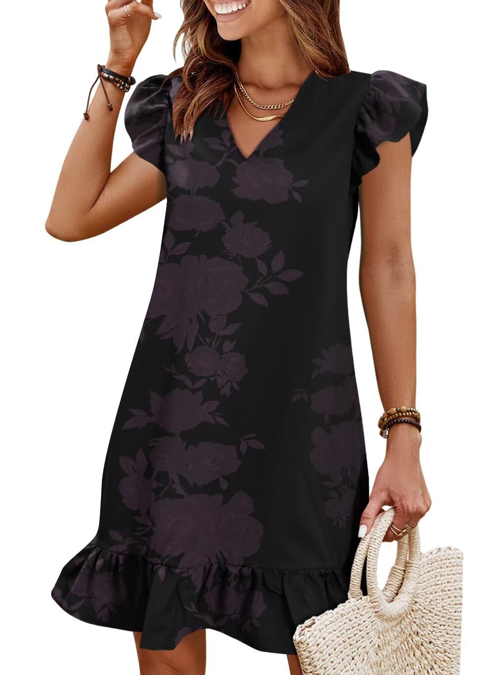 Summer Dresses for Women 2026 Beach Vacation Mini Sundress | Flutter Ruffle Cap Sleeves, V Neck, Ruffle Hem Shift Dress, Casual Loose Fit, Spring Wedding Guest Outfits