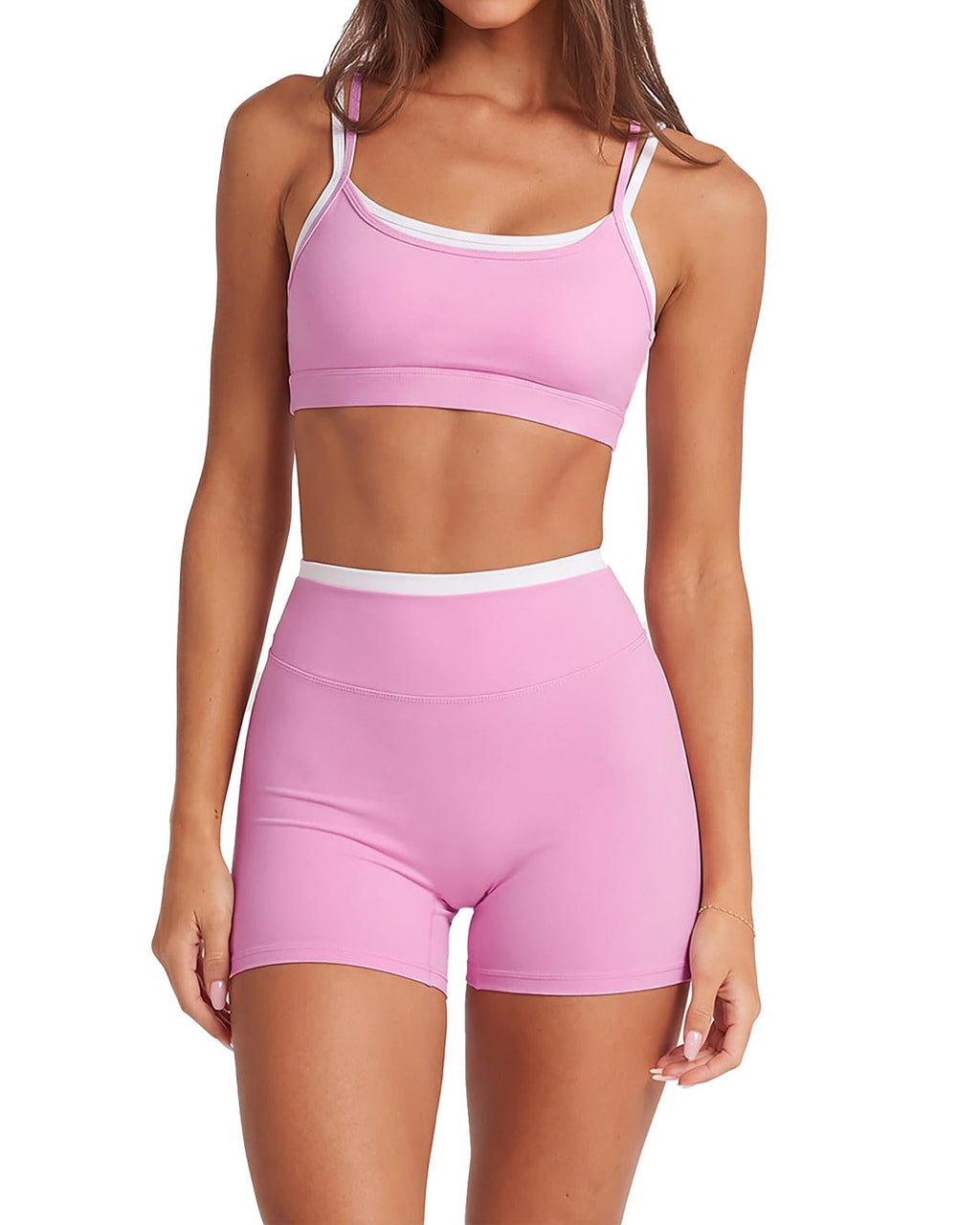 2 Piece Workout Sets Layered Sports Bra Yoga Gym Biker Shorts