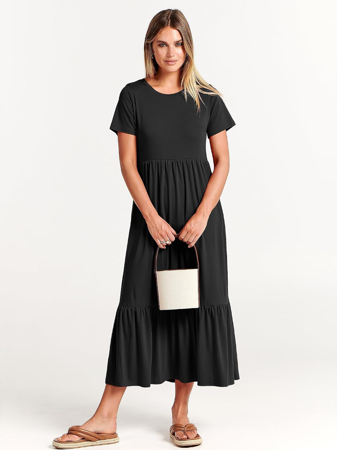 Womens 2026 Summer Casual Maxi Dress A line Tiered Flowy Short Sleeve Crewneck T Shirt Beach Travel Long Dresses