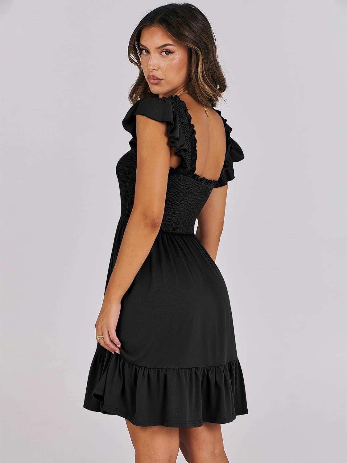 Women's Summer Casual Sleeveless Square Neck Dress 2026 Smocked Ruffle Backless Boho Beach Cute Teen Short Sundress