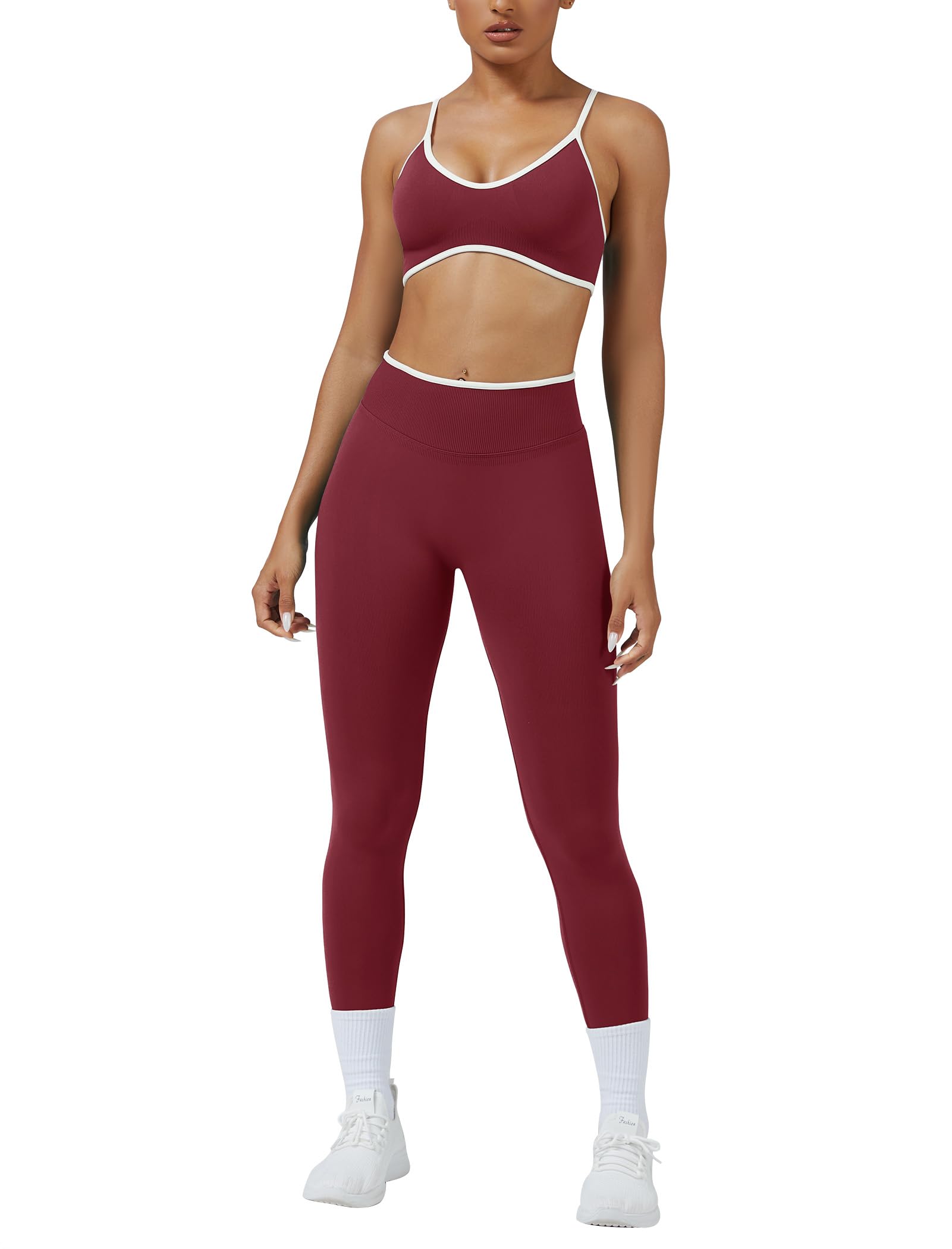 Womens 2 Piece Workout Sets Seamless Color Block Sports Bra Scrunch Butt Lifting High Waist Leggings Gym Set