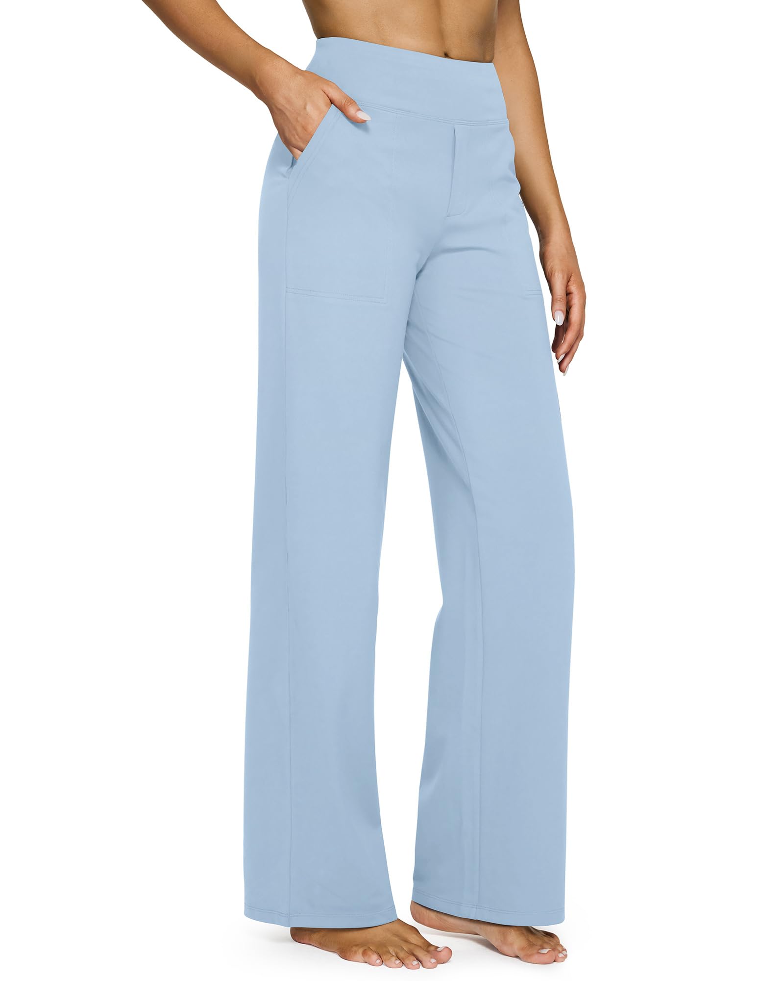 Yoga Pants for Women Wide Leg Pants with Pockets High Waisted | Moisture Wicking, Soft Comfortable Feel, 4-Way Stretch, Faux Fly, Faux Back Pockets, Yoga, Work & Casual Wear