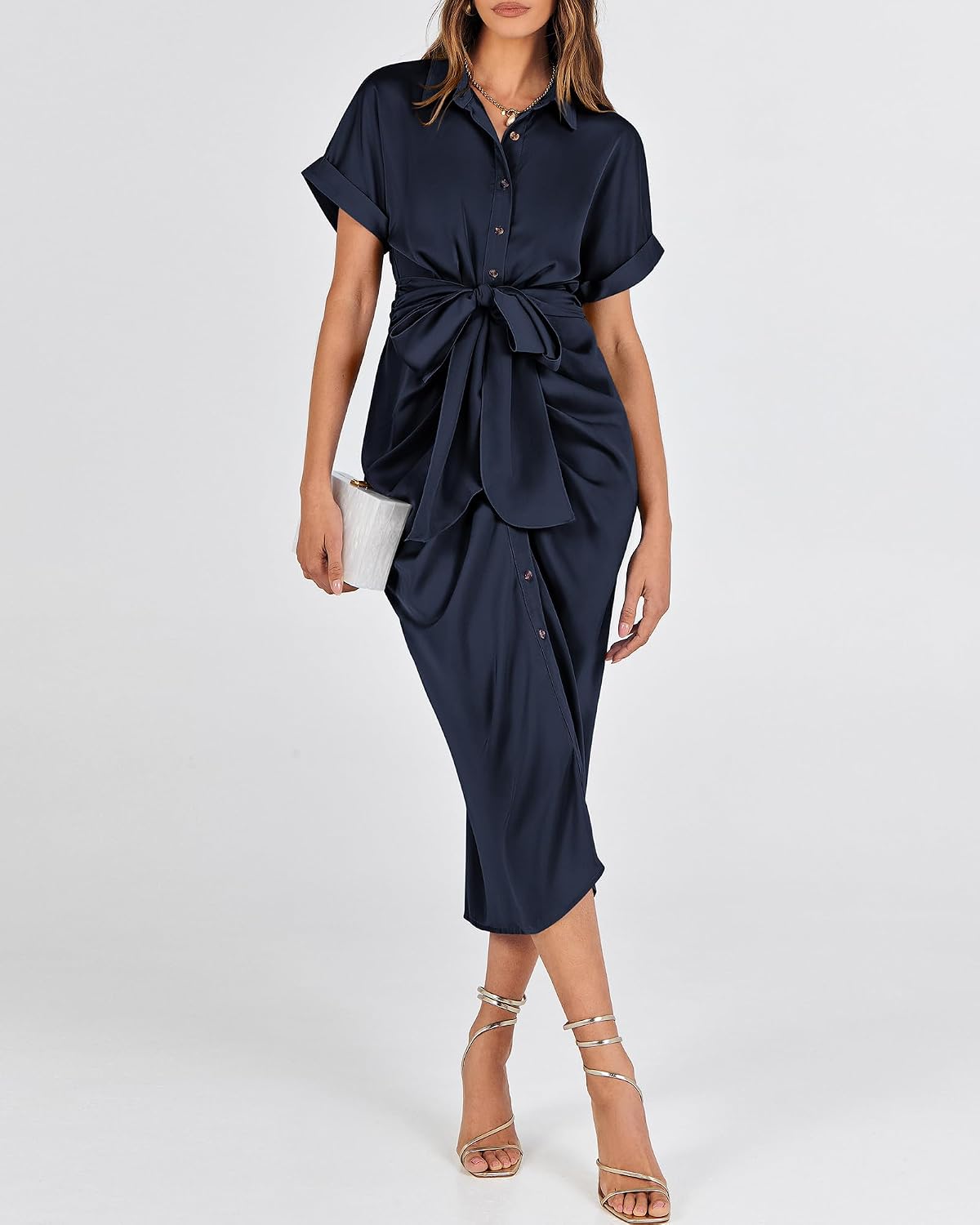 Dresses for Women Business Casual Outfits | Short Sleeve, Button Down, Lightweight, Silk Satin Dress, Ruched, Tie Waist, Cocktail, Party, Wedding Guest, Work Clothes