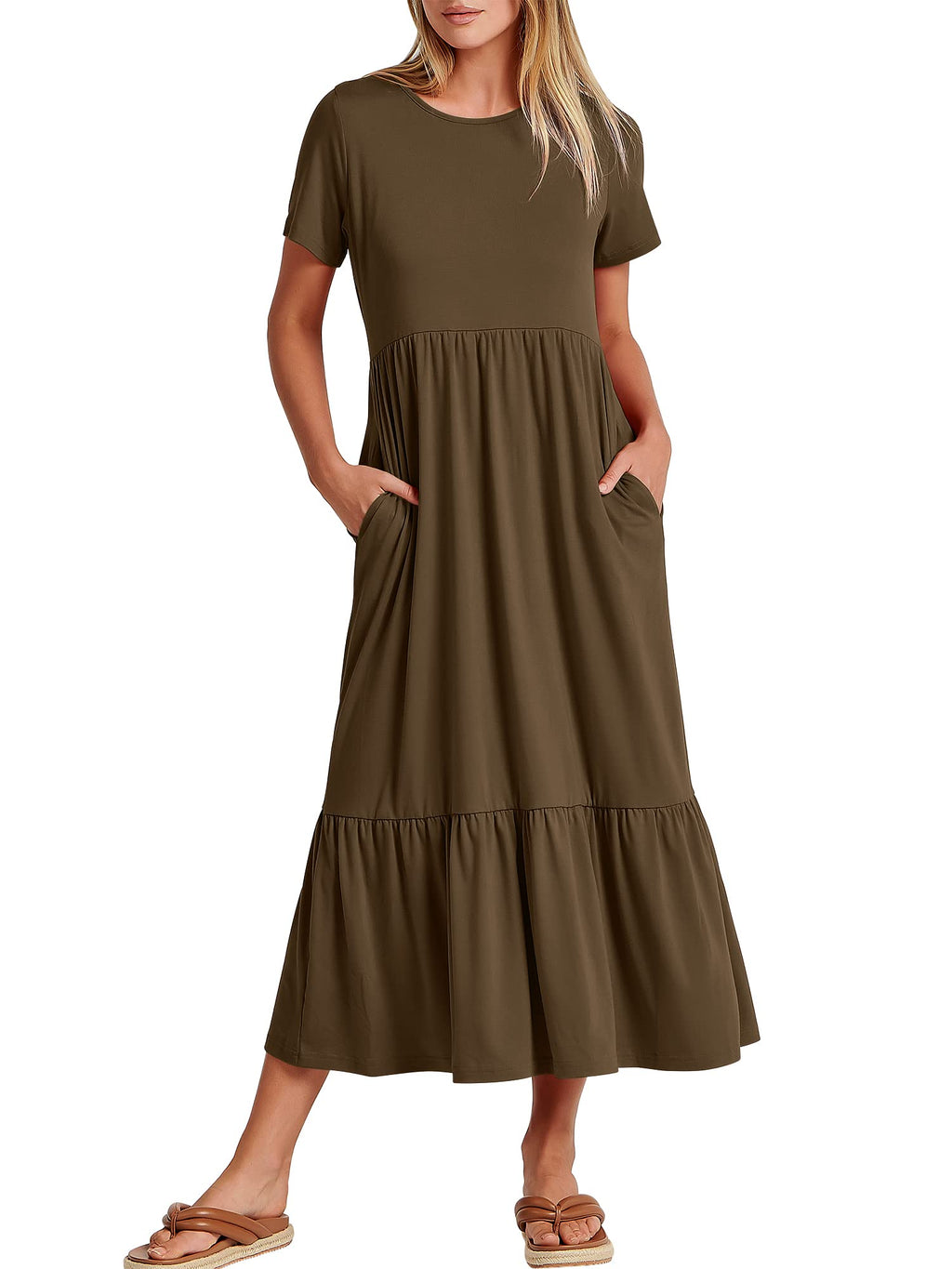 Womens 2026 Summer Casual Maxi Dress A line Tiered Flowy Short Sleeve Crewneck T Shirt Beach Travel Long Dresses