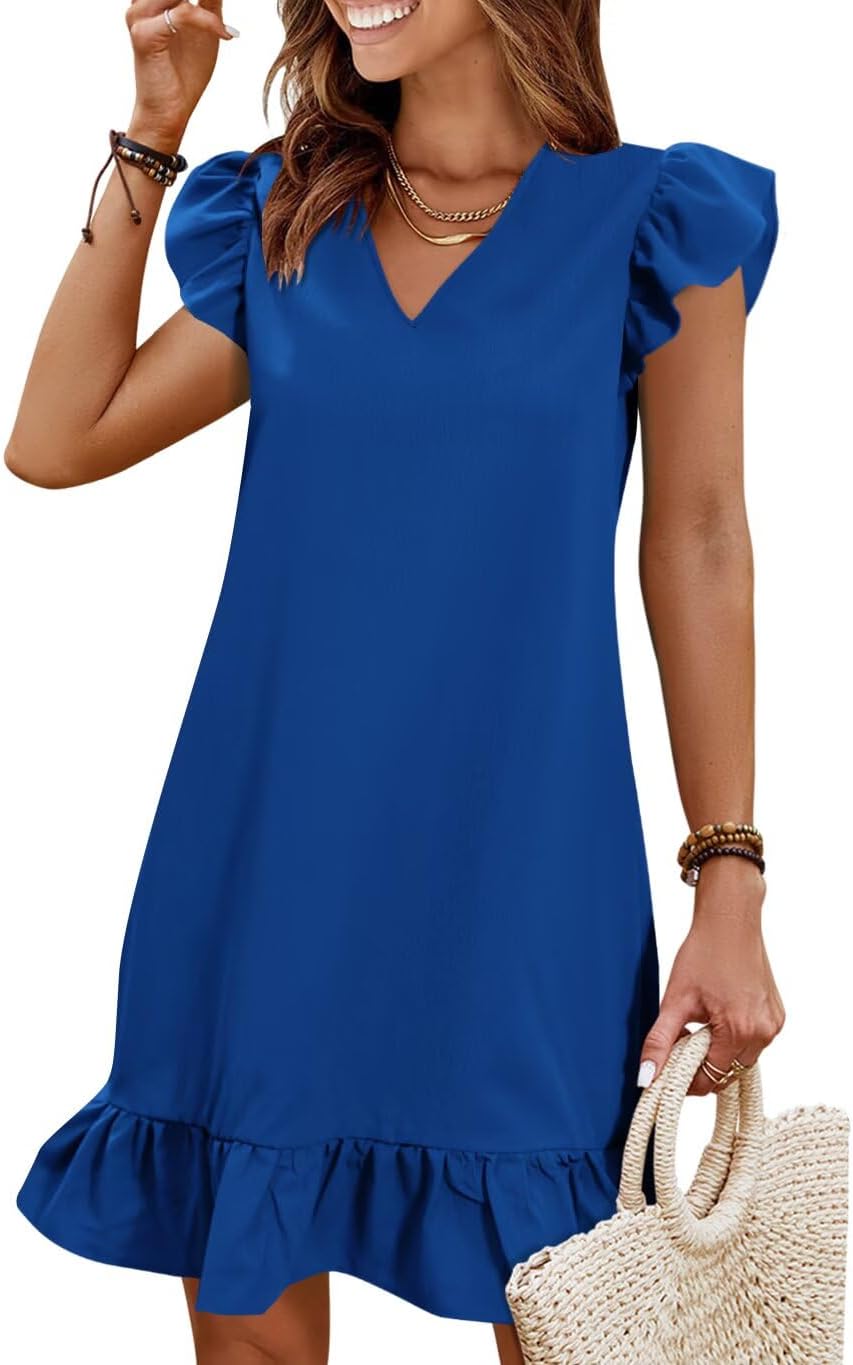 Summer Dresses for Women 2026 Beach Vacation Mini Sundress | Flutter Ruffle Cap Sleeves, V Neck, Ruffle Hem Shift Dress, Casual Loose Fit, Spring Wedding Guest Outfits