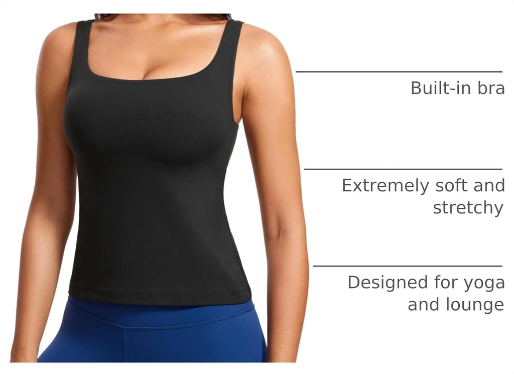 YOGA Scoop Neck Tank Tops | Light Support, Built in Bra, Removable Pads, Yoga, Extremely Soft, U Back, Wide Straps, for Women