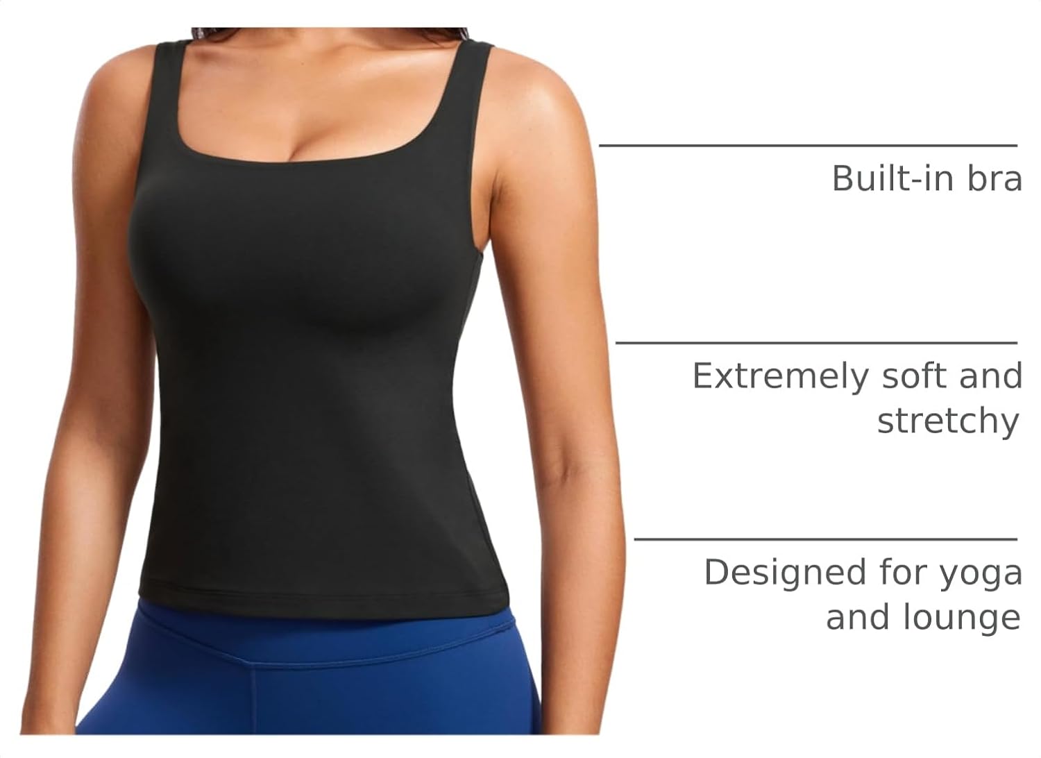 YOGA Scoop Neck Tank Tops | Light Support, Built in Bra, Removable Pads, Yoga, Extremely Soft, U Back, Wide Straps, for Women