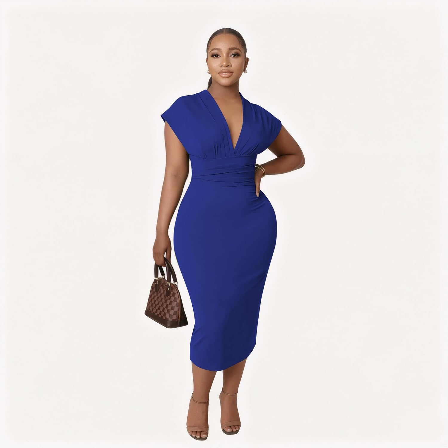 Women's Bodycon Midi Dress Deep V-Neck Cap Sleeve Ruched High Waist Stretchy Dresses for Date Nights, Parties & Work