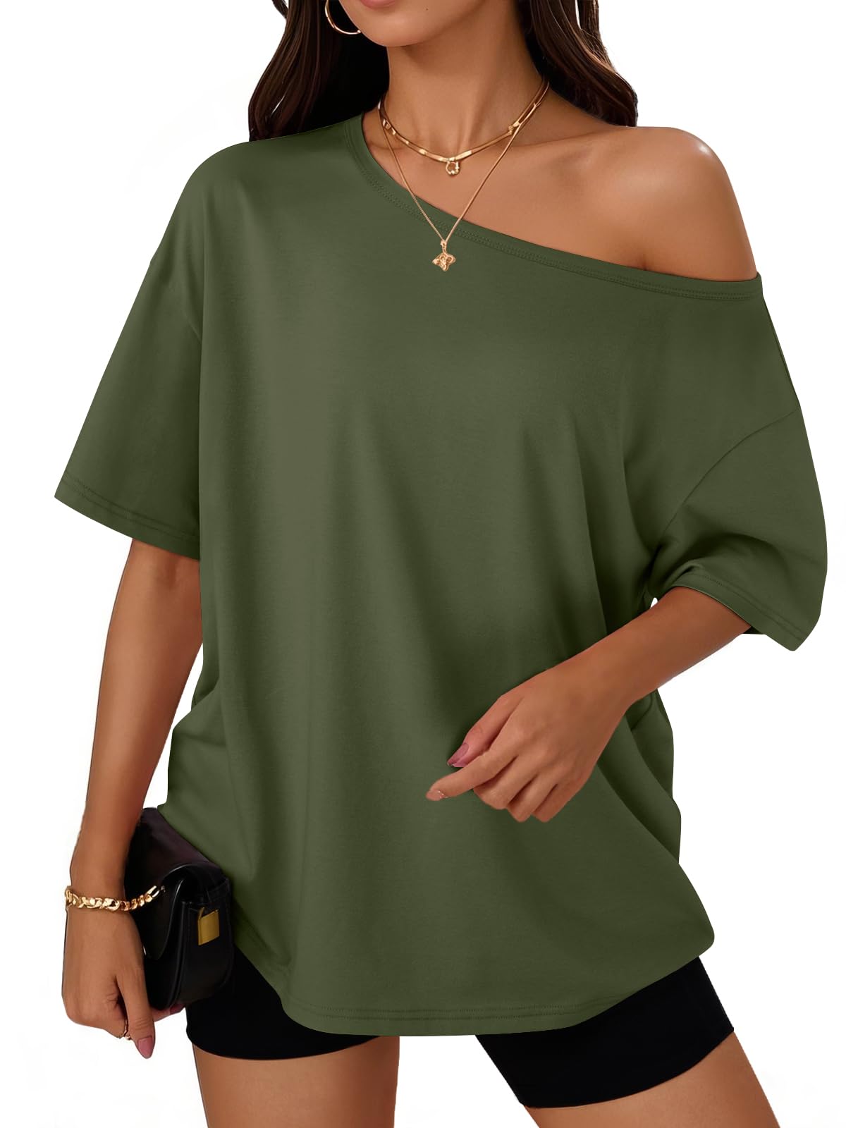 Womens Off the Shoulder Tops Oversized Summer T-Shirts 2026 | Breathable comfort stretch fabric, short sleeve, basic oversized tees, casual workout gym, y2k going out clothes