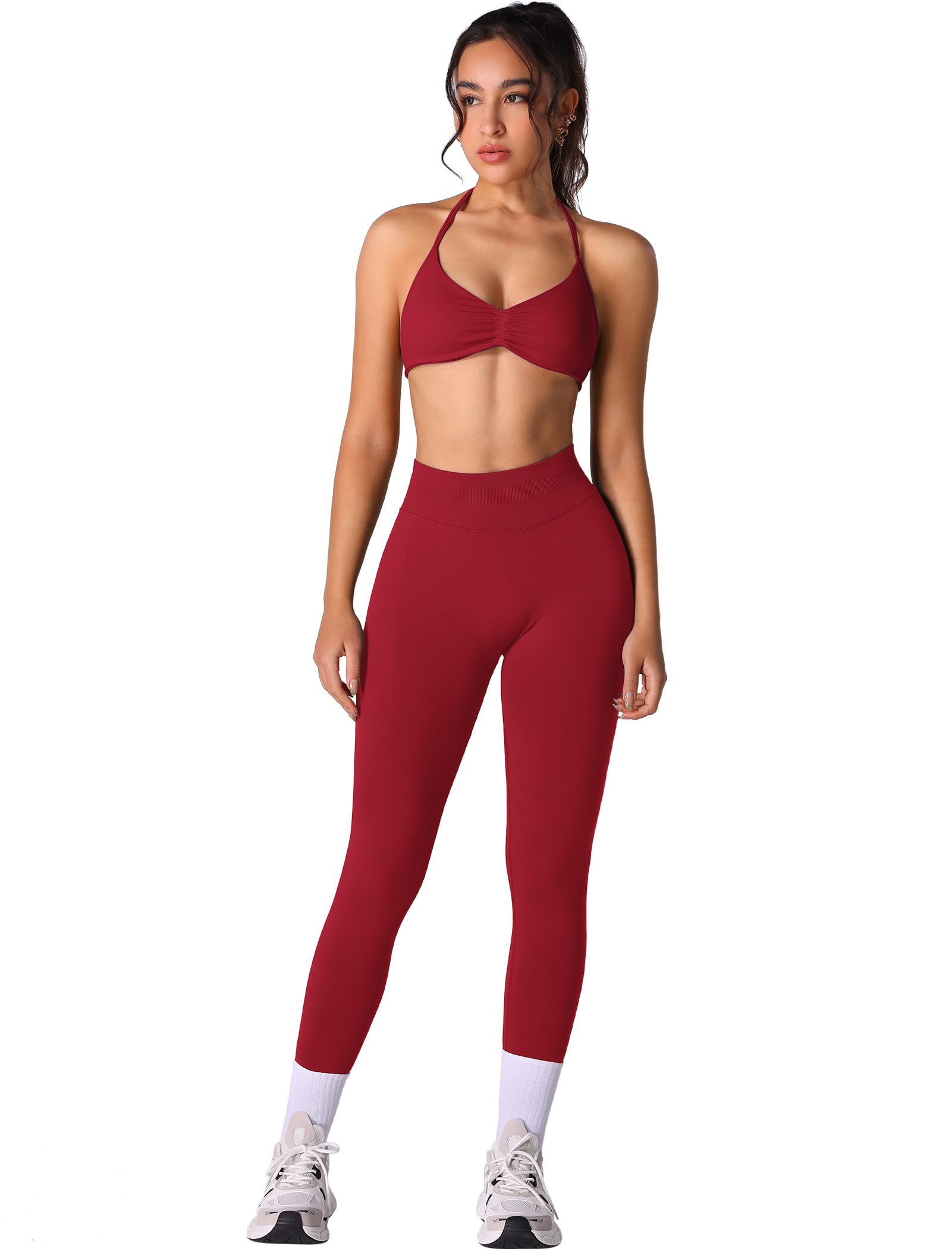 Workout Sets for Women 2 Piece Seamless Halter Sports Bra Scrunch Butt High Waist Leggings Gym Yoga Outfits