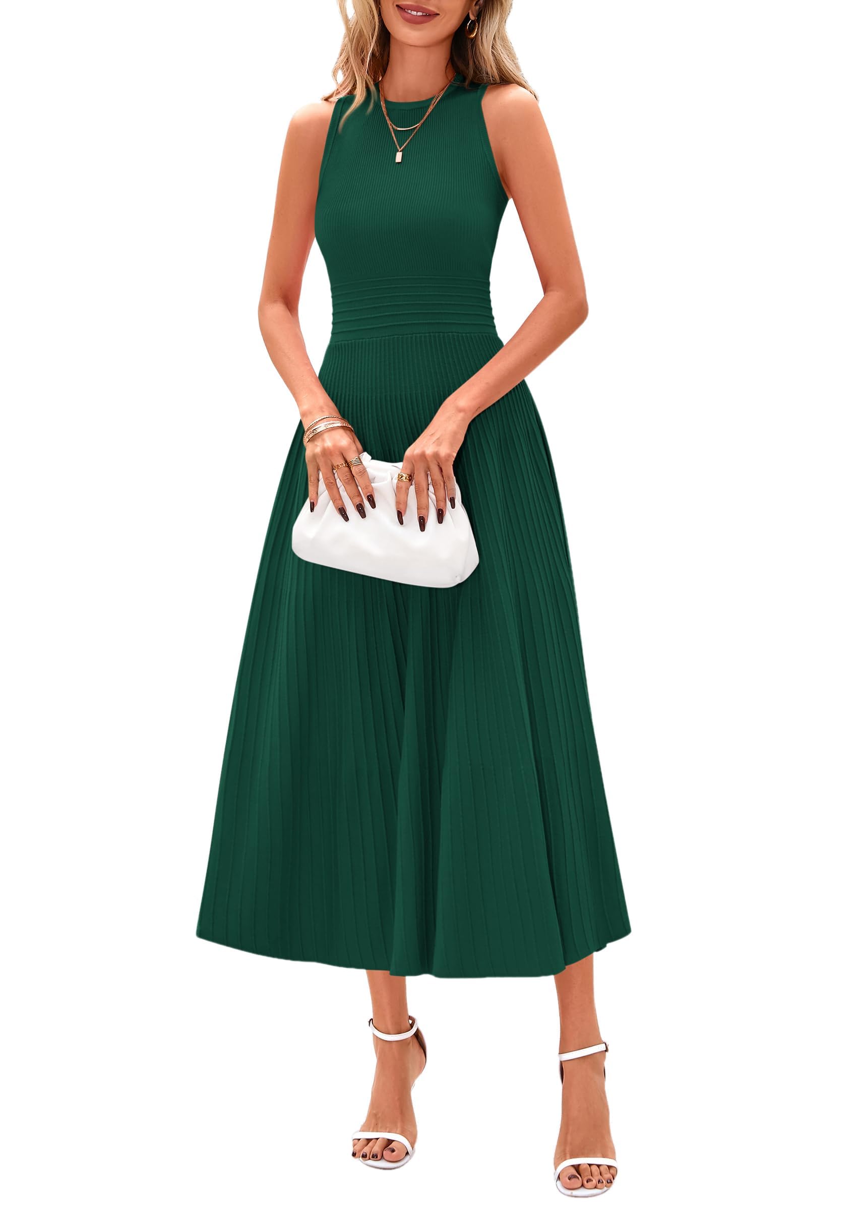 Women's Summer Pleated Midi Work Dress | Sleeveless A Line Knit Business Dresses, Spring Semi Formal Long Dress for Wedding Guest, Cocktail Party, Teacher Outfits