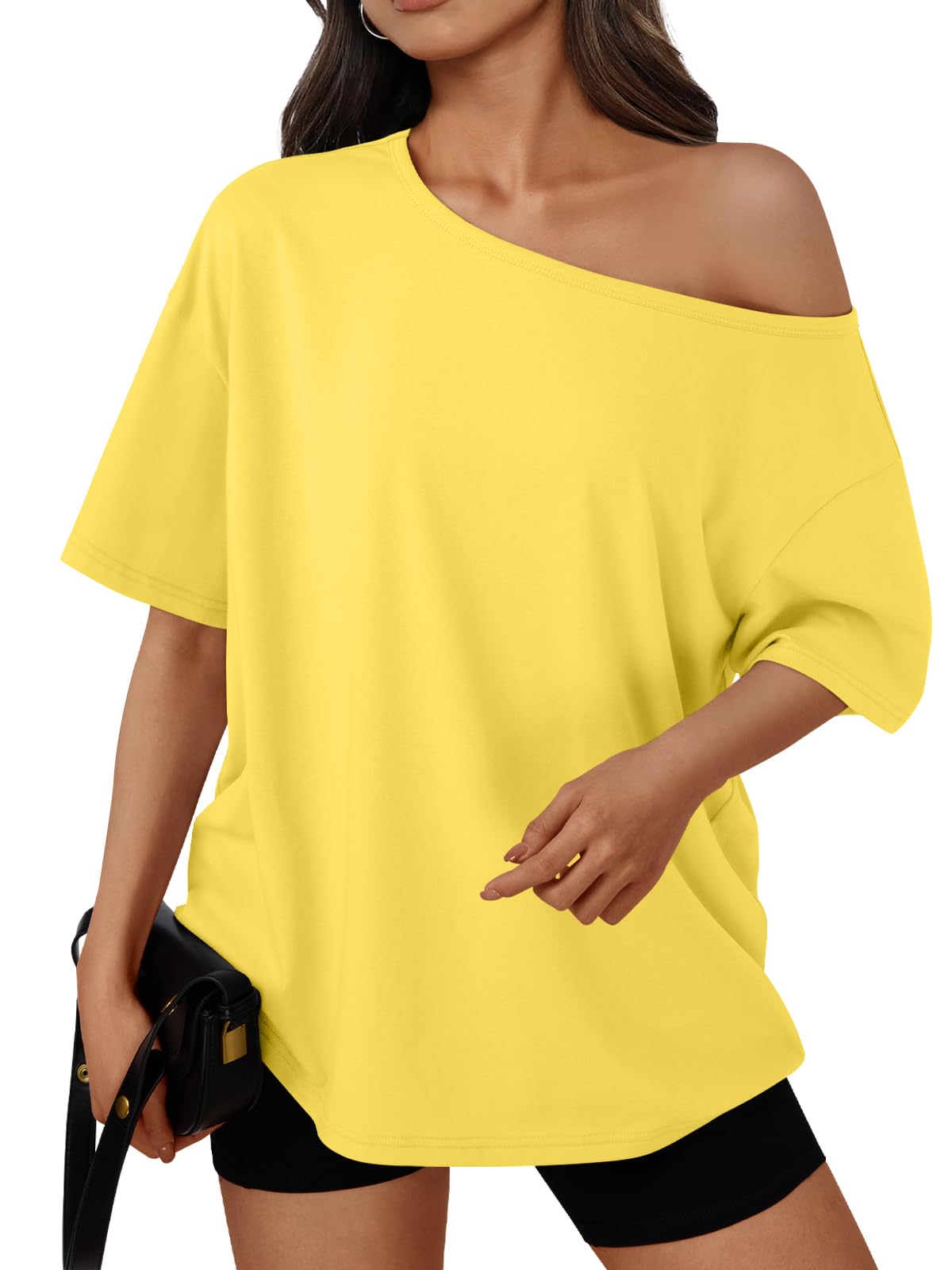 Womens Off the Shoulder Tops Oversized Summer T-Shirts 2026 | Breathable comfort stretch fabric, short sleeve, basic oversized tees, casual workout gym, y2k going out clothes