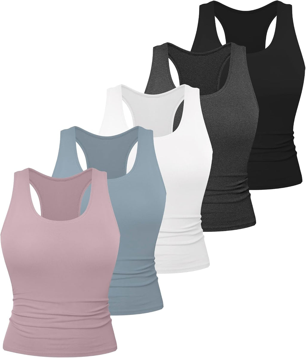 5 Pack Women's Workout Racerback Tank Tops No Built-in Bra | Fitted, Spandex, Yoga, Active, Exercise, Athletic, Running, Gym, Sports, Crop, Tops, for Women