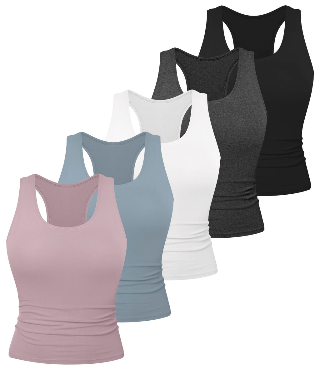 5 Pack Women's Workout Racerback Tank Tops No Built-in Bra | Fitted, Spandex, Yoga, Active, Exercise, Athletic, Running, Gym, Sports, Crop, Tops, for Women