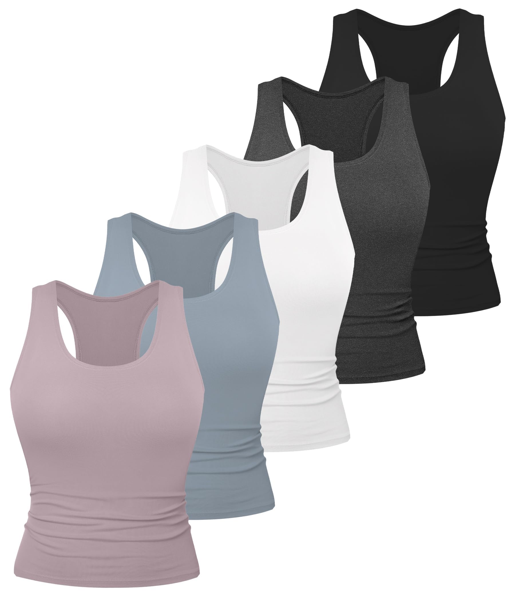 5 Pack Women's Workout Racerback Tank Tops No Built-in Bra | Fitted, Spandex, Yoga, Active, Exercise, Athletic, Running, Gym, Sports, Crop, Tops, for Women