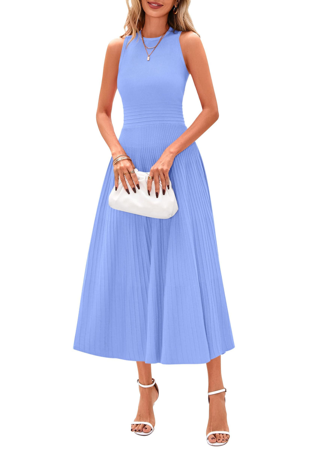 Women's Summer Pleated Midi Work Dress | Sleeveless A Line Knit Business Dresses, Spring Semi Formal Long Dress for Wedding Guest, Cocktail Party, Teacher Outfits