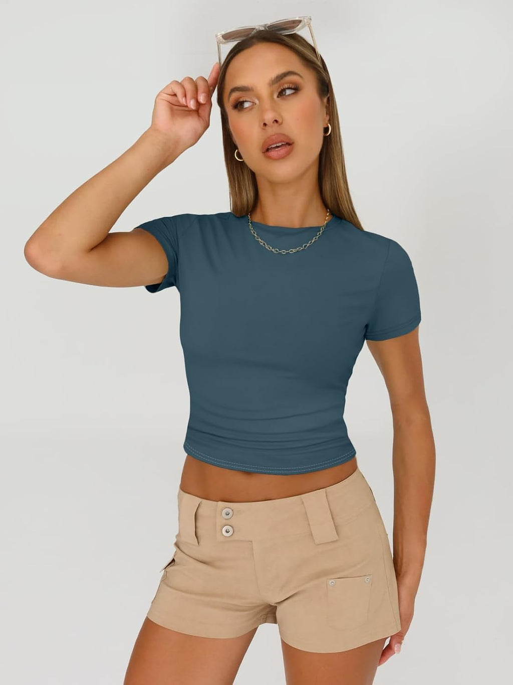 Women's 3 Pack Short Sleeve Shirts | Buttery Soft Slim Fitted Crop Tops, Stretchy Going Out Basic Tees for Summer, Layering & Everyday