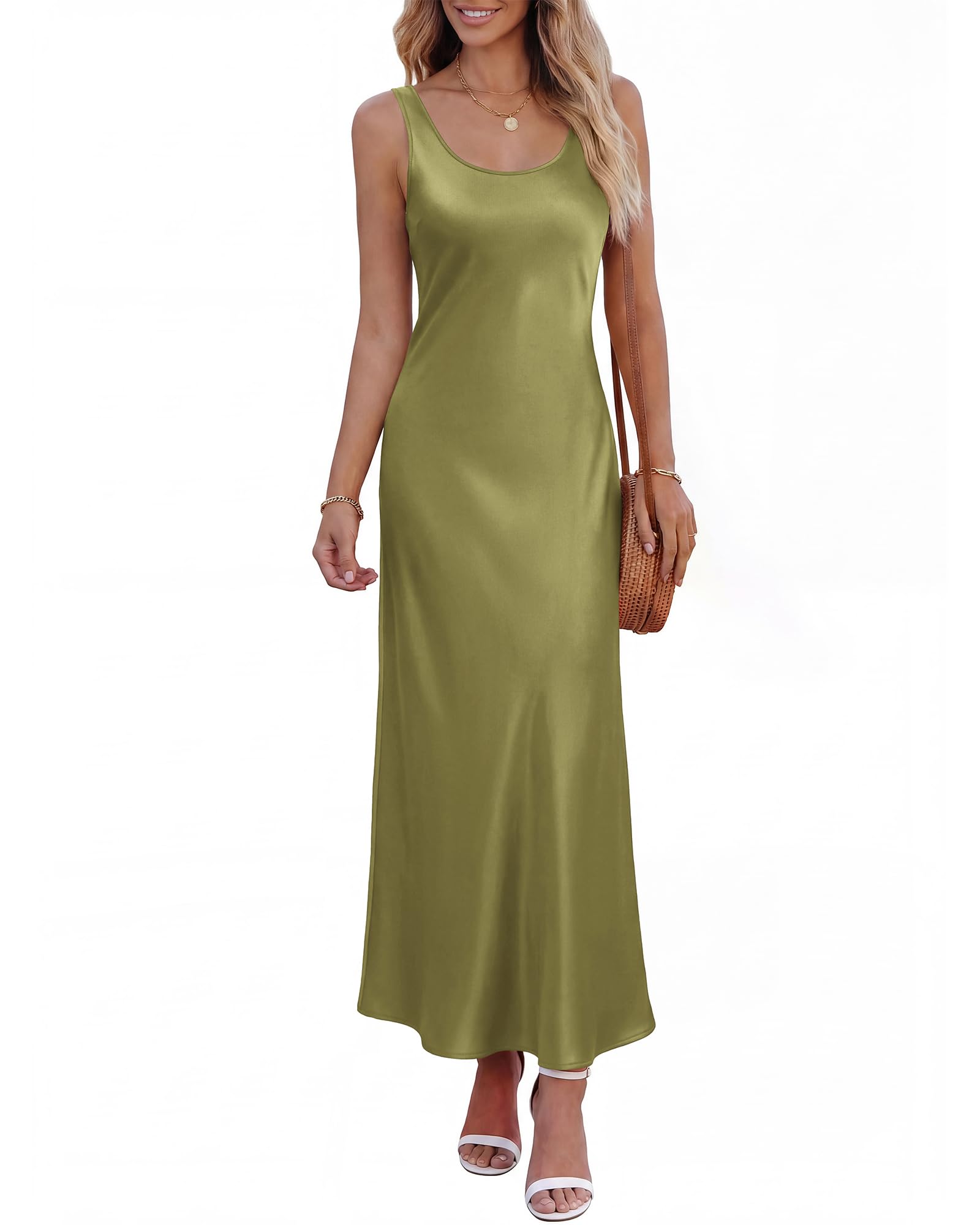 Womens Sleeveless Satin Summer Dresses | Scoop Neck, Lightweight, Loose Sundress, Beach Vacation Clothes, Elegant Cocktail, Party, Going Out Outfits, Fashion Clothing