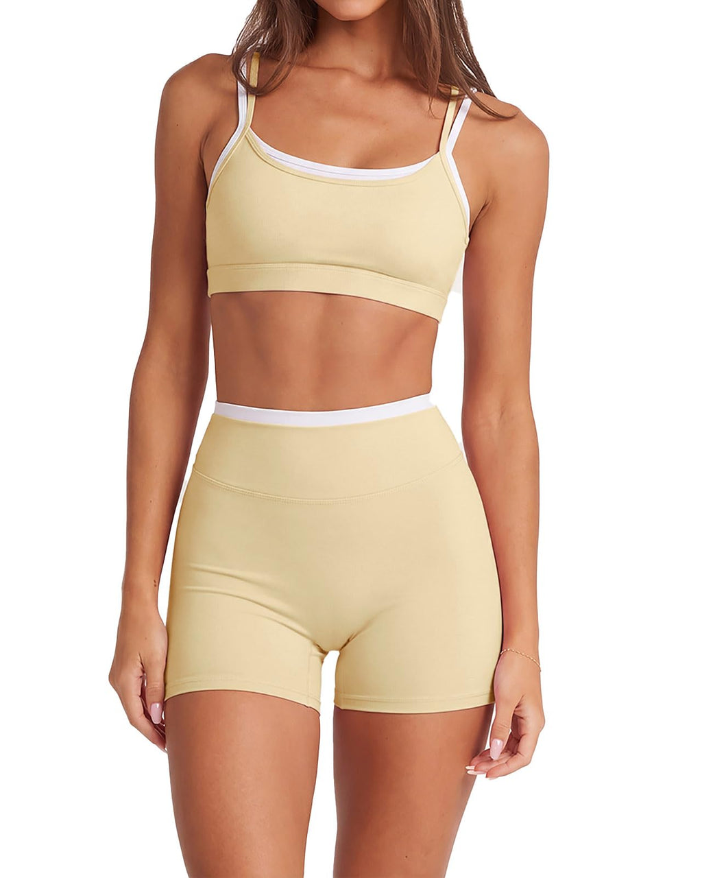 2 Piece Workout Sets Layered Sports Bra Yoga Gym Biker Shorts