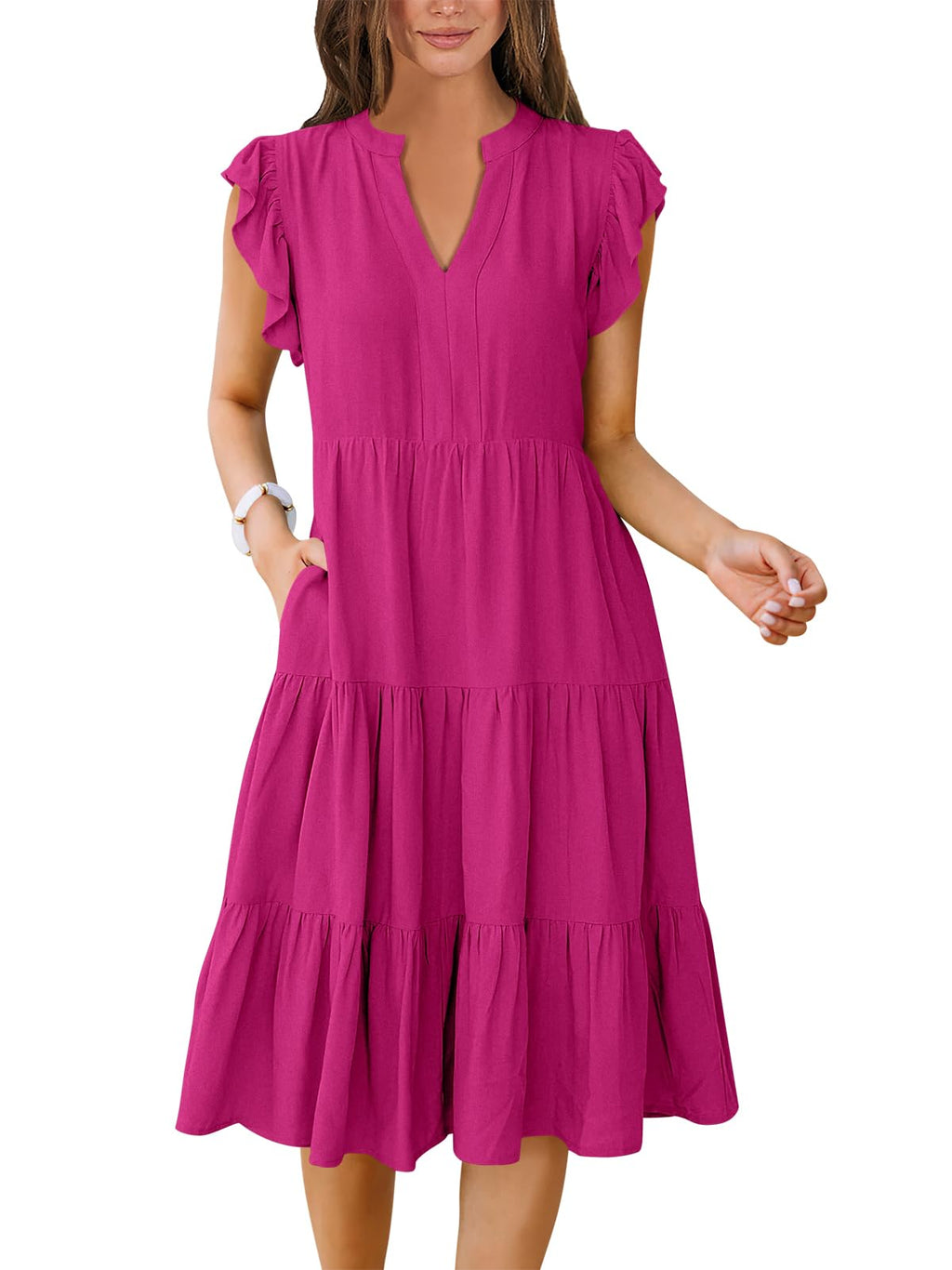 Womens Summer Dress Ruffle Sleeve V Neck Midi Dresses Fashion Casual Fit Flowy Tiered Boho Beach Vacation Sundress
