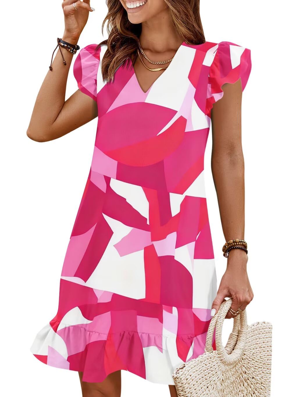 Summer Dresses for Women 2026 Beach Vacation Mini Sundress | Flutter Ruffle Cap Sleeves, V Neck, Ruffle Hem Shift Dress, Casual Loose Fit, Spring Wedding Guest Outfits