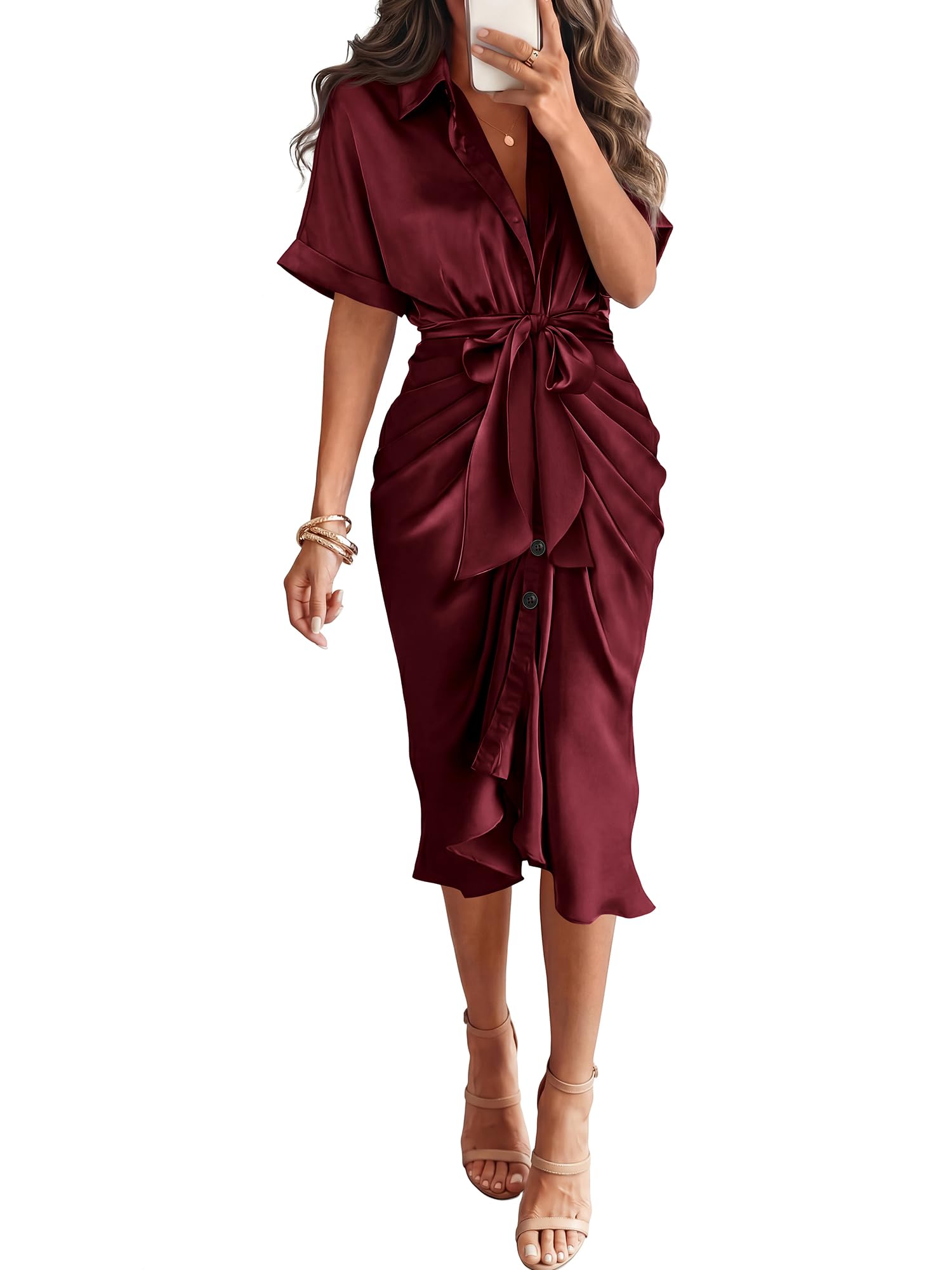 Dresses for Women Business Casual Outfits | Short Sleeve, Button Down, Lightweight, Silk Satin Dress, Ruched, Tie Waist, Cocktail, Party, Wedding Guest, Work Clothes