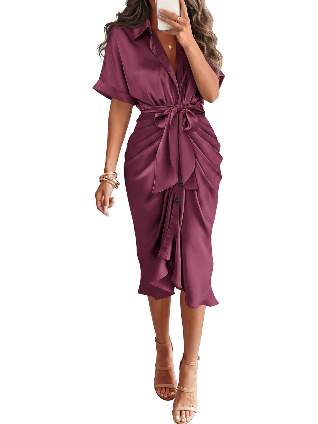 Dresses for Women Business Casual Outfits | Short Sleeve, Button Down, Lightweight, Silk Satin Dress, Ruched, Tie Waist, Cocktail, Party, Wedding Guest, Work Clothes