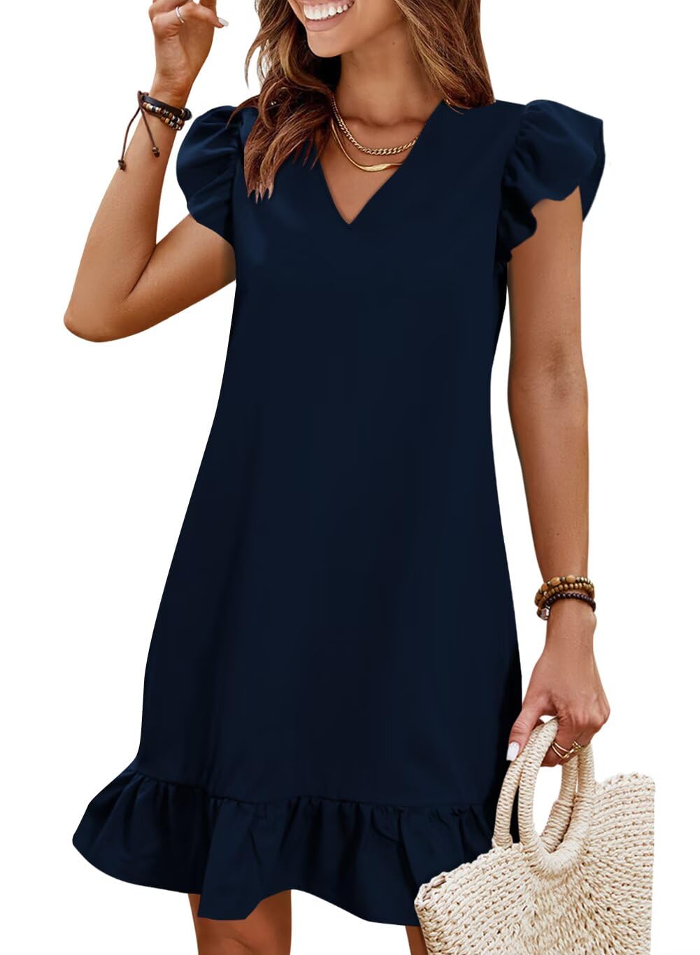 Summer Dresses for Women 2026 Beach Vacation Mini Sundress | Flutter Ruffle Cap Sleeves, V Neck, Ruffle Hem Shift Dress, Casual Loose Fit, Spring Wedding Guest Outfits