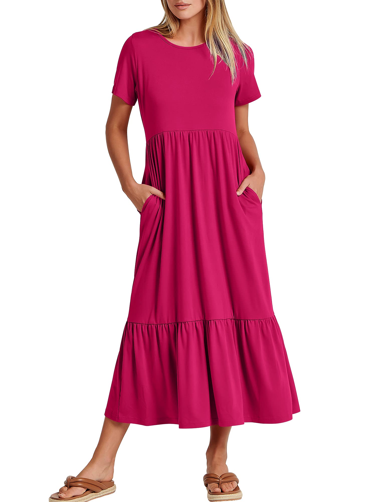 Womens 2026 Summer Casual Maxi Dress A line Tiered Flowy Short Sleeve Crewneck T Shirt Beach Travel Long Dresses