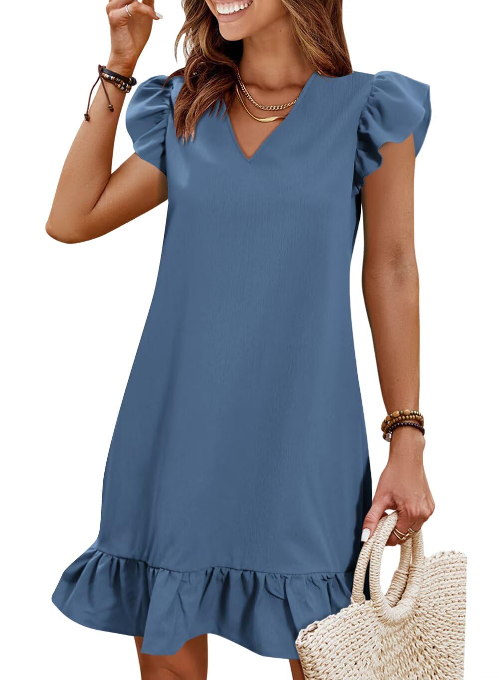 Summer Dresses for Women 2026 Beach Vacation Mini Sundress | Flutter Ruffle Cap Sleeves, V Neck, Ruffle Hem Shift Dress, Casual Loose Fit, Spring Wedding Guest Outfits