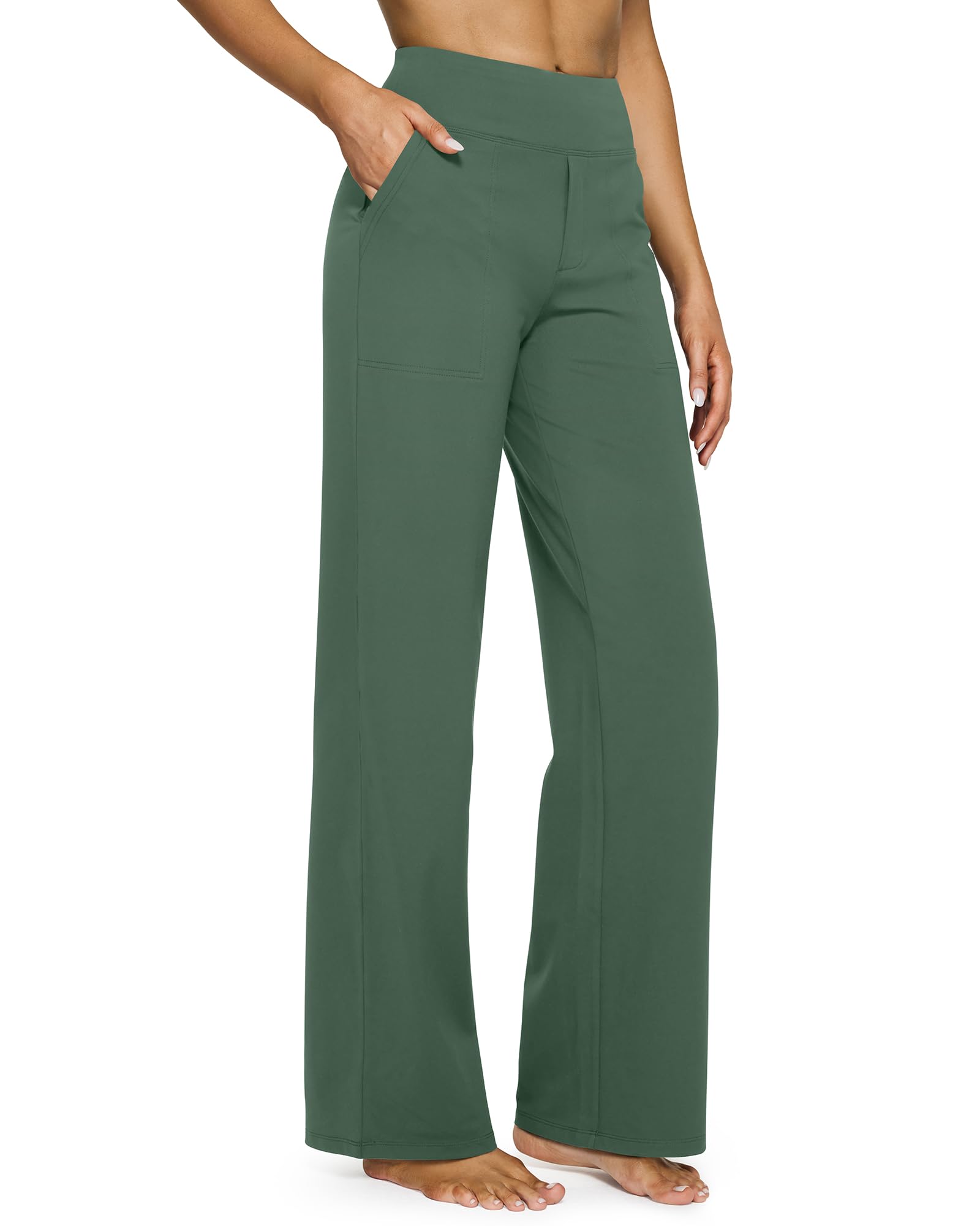 Yoga Pants for Women Wide Leg Pants with Pockets High Waisted | Moisture Wicking, Soft Comfortable Feel, 4-Way Stretch, Faux Fly, Faux Back Pockets, Yoga, Work & Casual Wear