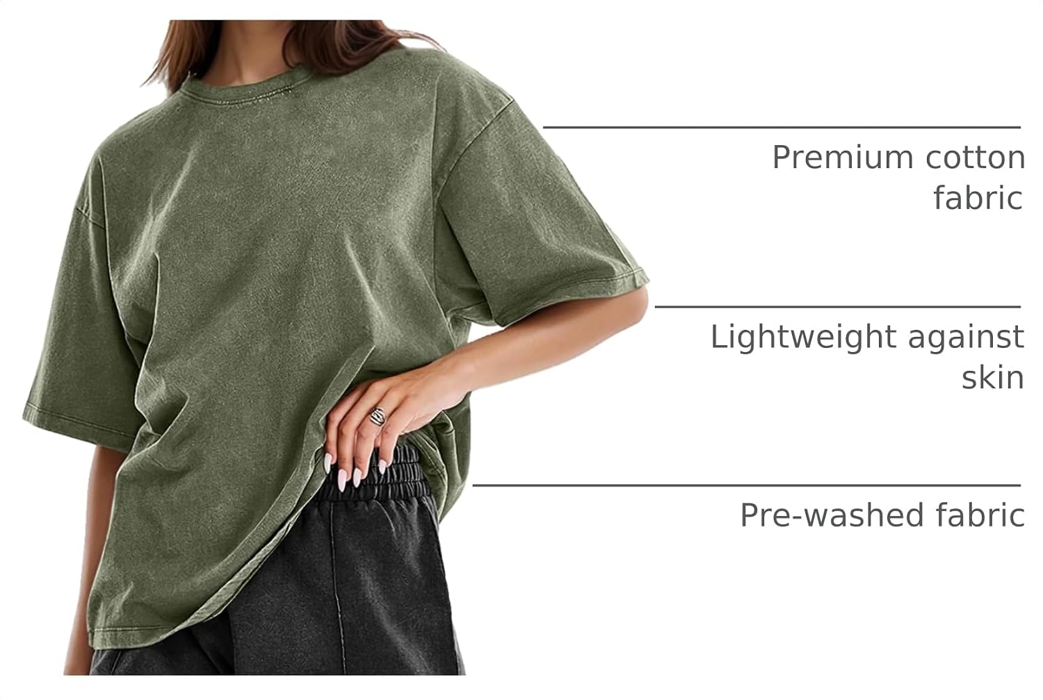 Women's Vintage Oversized T Shirts Washed Cotton Short Sleeve Tops | Soft Cotton Acid Wash Tees, Loose Baggy Boyfriend Fit, Gym, Workout, Streetwear, Casual Daily Outfits