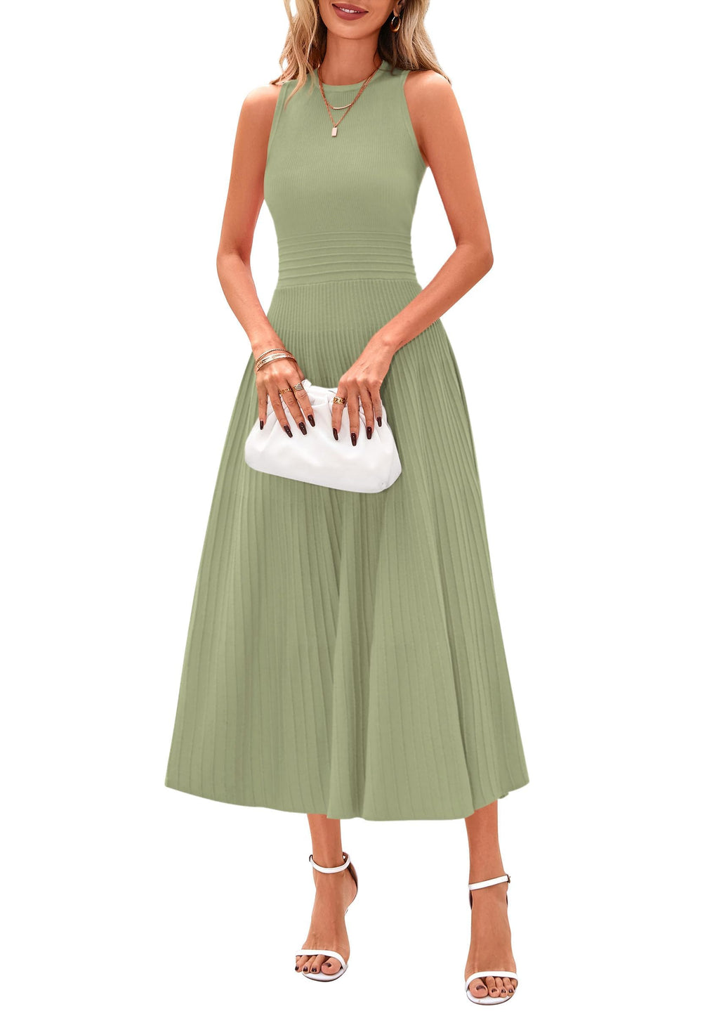Women's Summer Pleated Midi Work Dress | Sleeveless A Line Knit Business Dresses, Spring Semi Formal Long Dress for Wedding Guest, Cocktail Party, Teacher Outfits