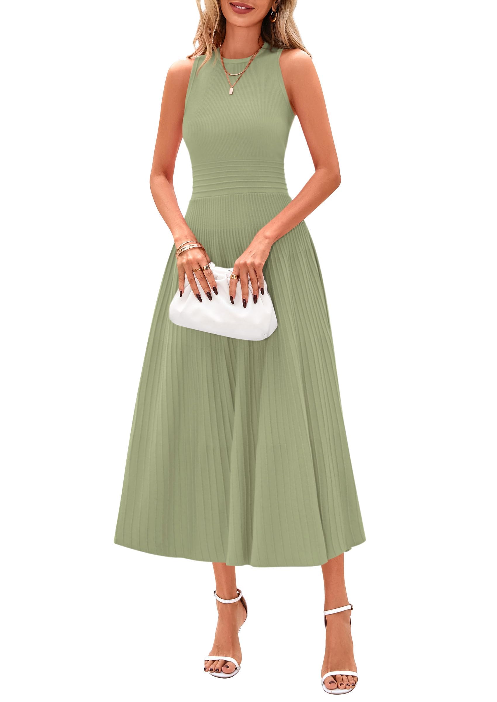 Women's Summer Pleated Midi Work Dress | Sleeveless A Line Knit Business Dresses, Spring Semi Formal Long Dress for Wedding Guest, Cocktail Party, Teacher Outfits