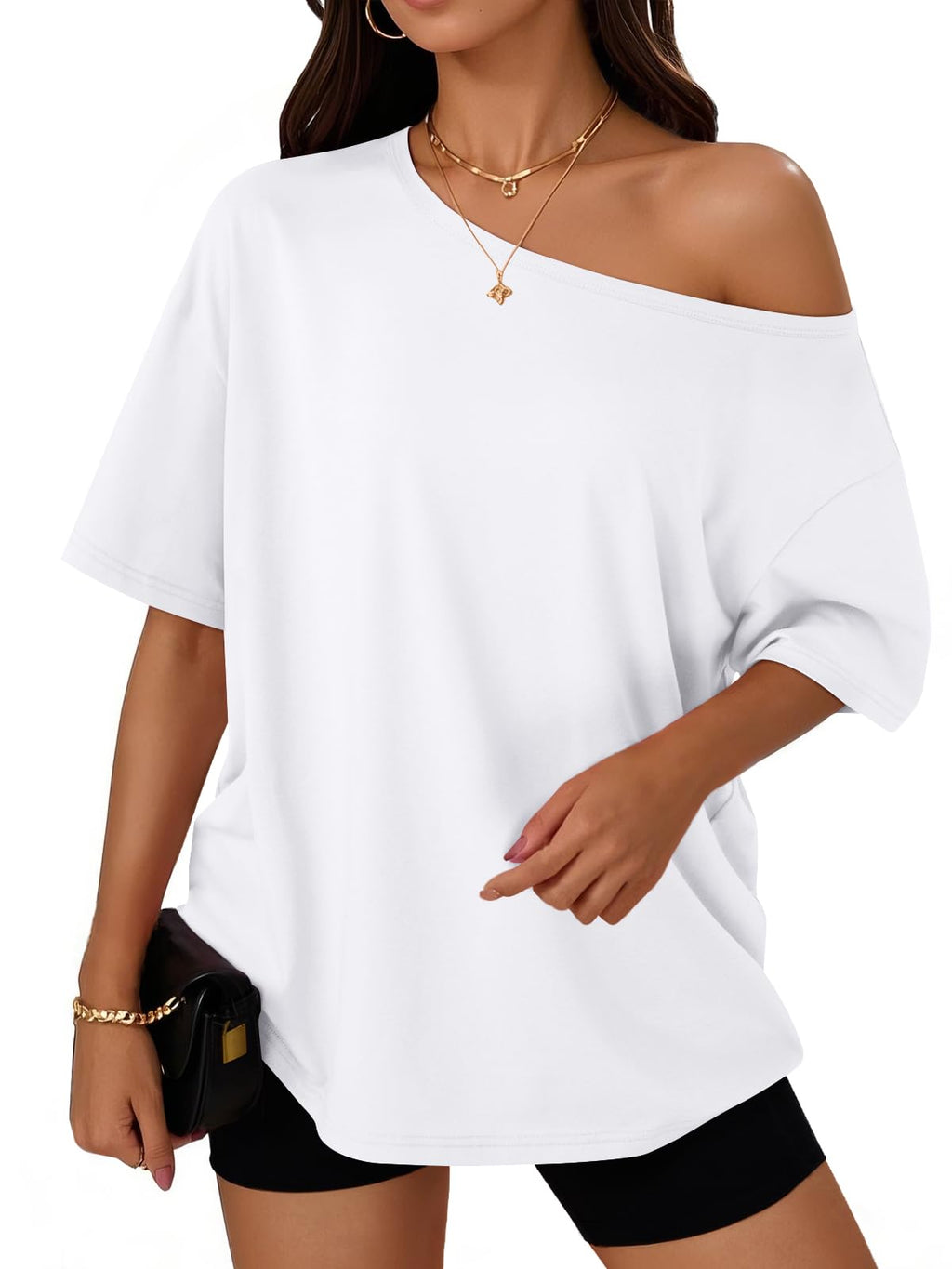 Womens Off the Shoulder Tops Oversized Summer T-Shirts 2026 | Breathable comfort stretch fabric, short sleeve, basic oversized tees, casual workout gym, y2k going out clothes