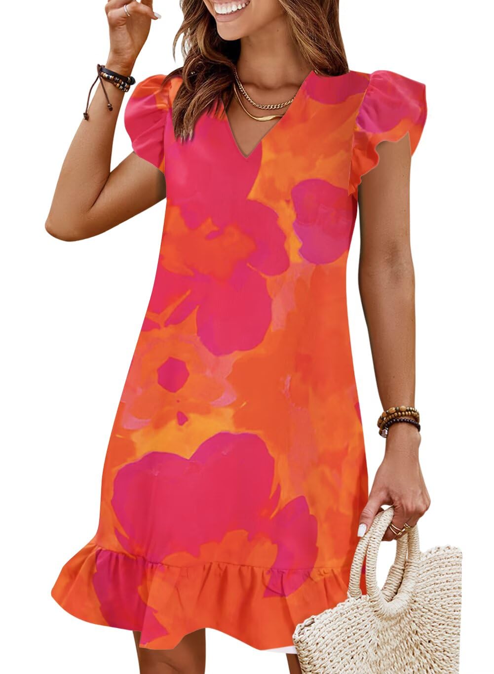Summer Dresses for Women 2026 Beach Vacation Mini Sundress | Flutter Ruffle Cap Sleeves, V Neck, Ruffle Hem Shift Dress, Casual Loose Fit, Spring Wedding Guest Outfits