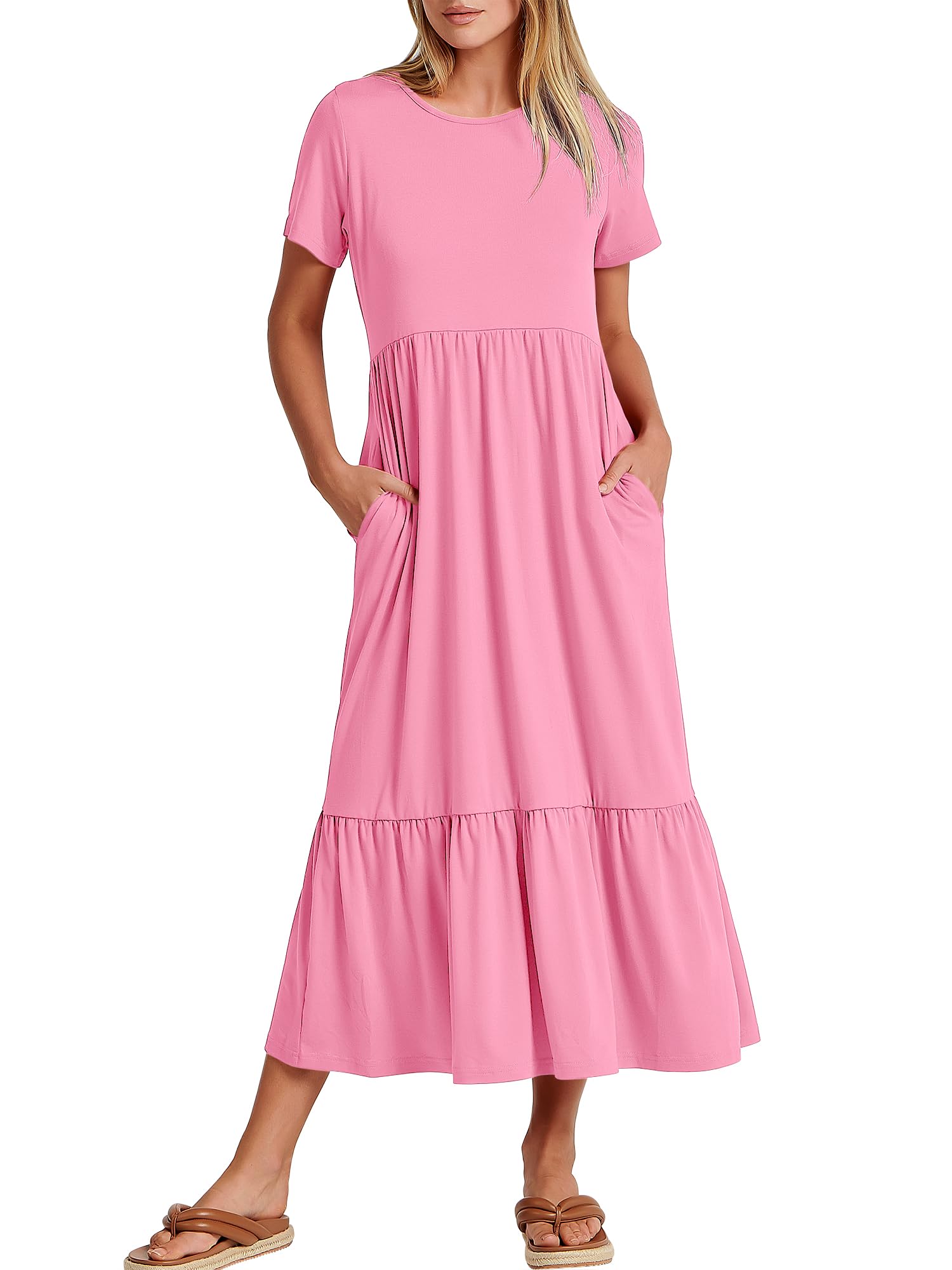 Womens 2026 Summer Casual Maxi Dress A line Tiered Flowy Short Sleeve Crewneck T Shirt Beach Travel Long Dresses