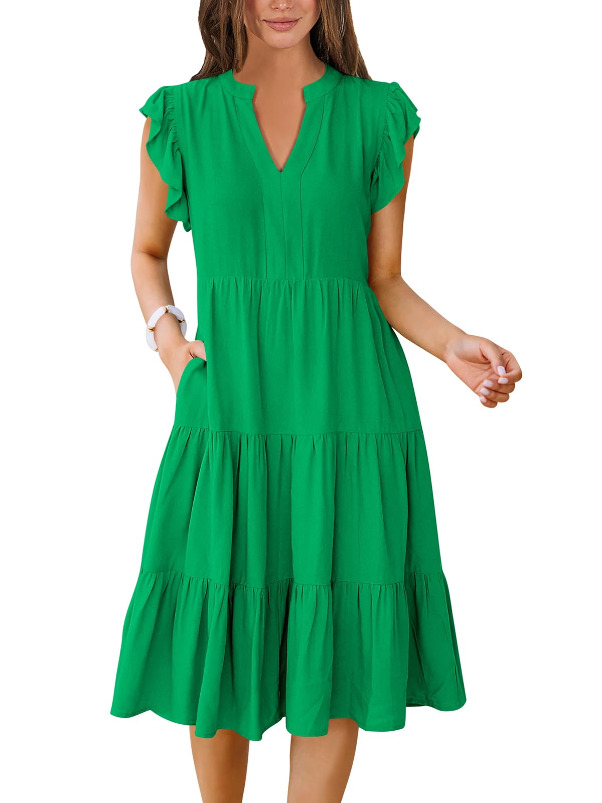 Womens Summer Dress Ruffle Sleeve V Neck Midi Dresses Fashion Casual Fit Flowy Tiered Boho Beach Vacation Sundress