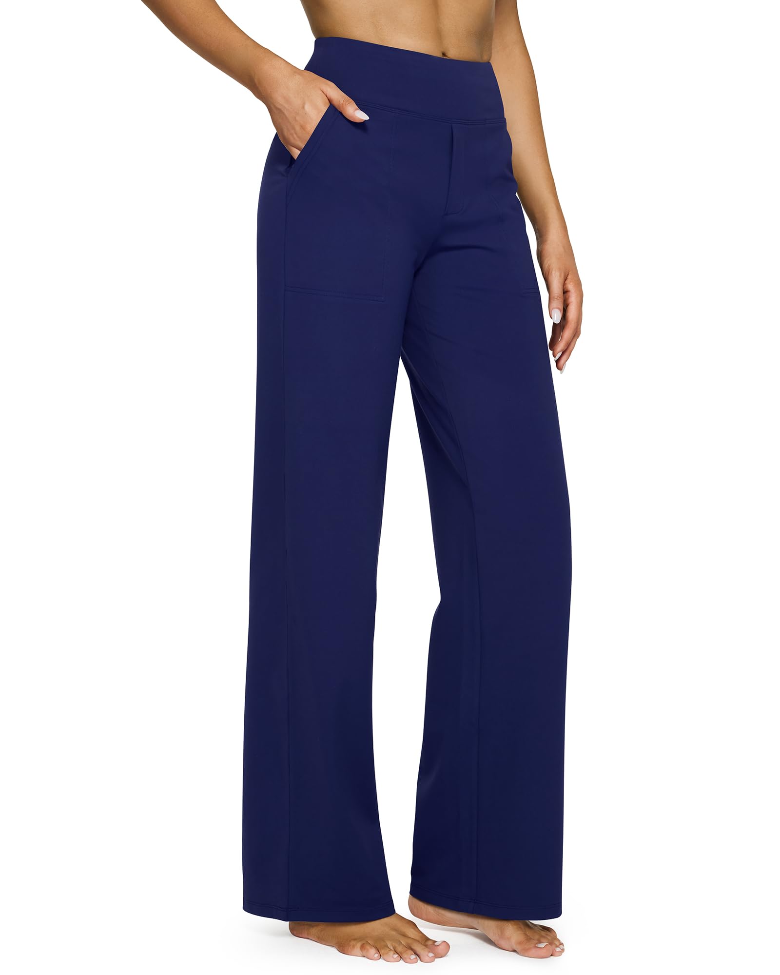 Yoga Pants for Women Wide Leg Pants with Pockets High Waisted | Moisture Wicking, Soft Comfortable Feel, 4-Way Stretch, Faux Fly, Faux Back Pockets, Yoga, Work & Casual Wear