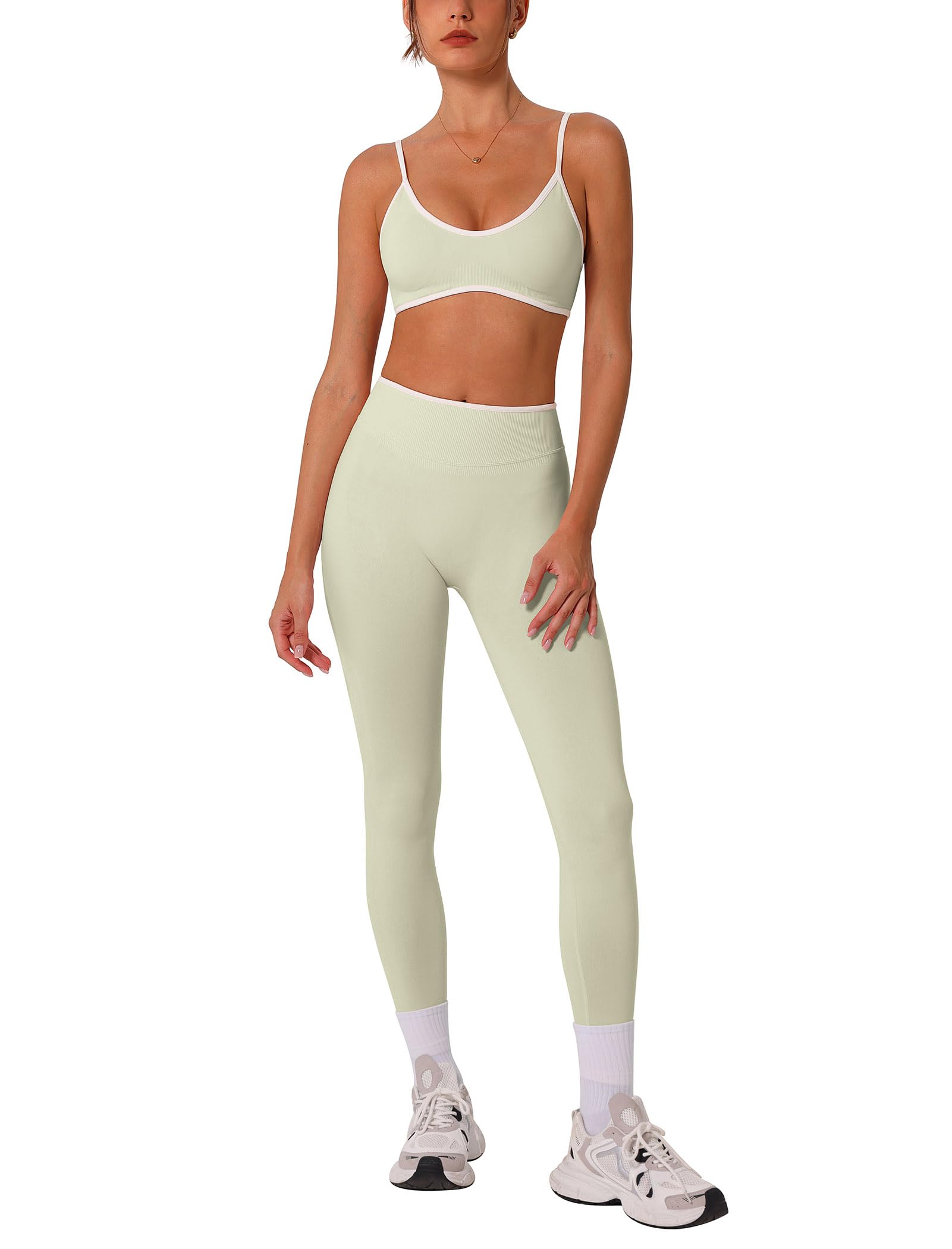 Womens 2 Piece Workout Sets Seamless Color Block Sports Bra Scrunch Butt Lifting High Waist Leggings Gym Set