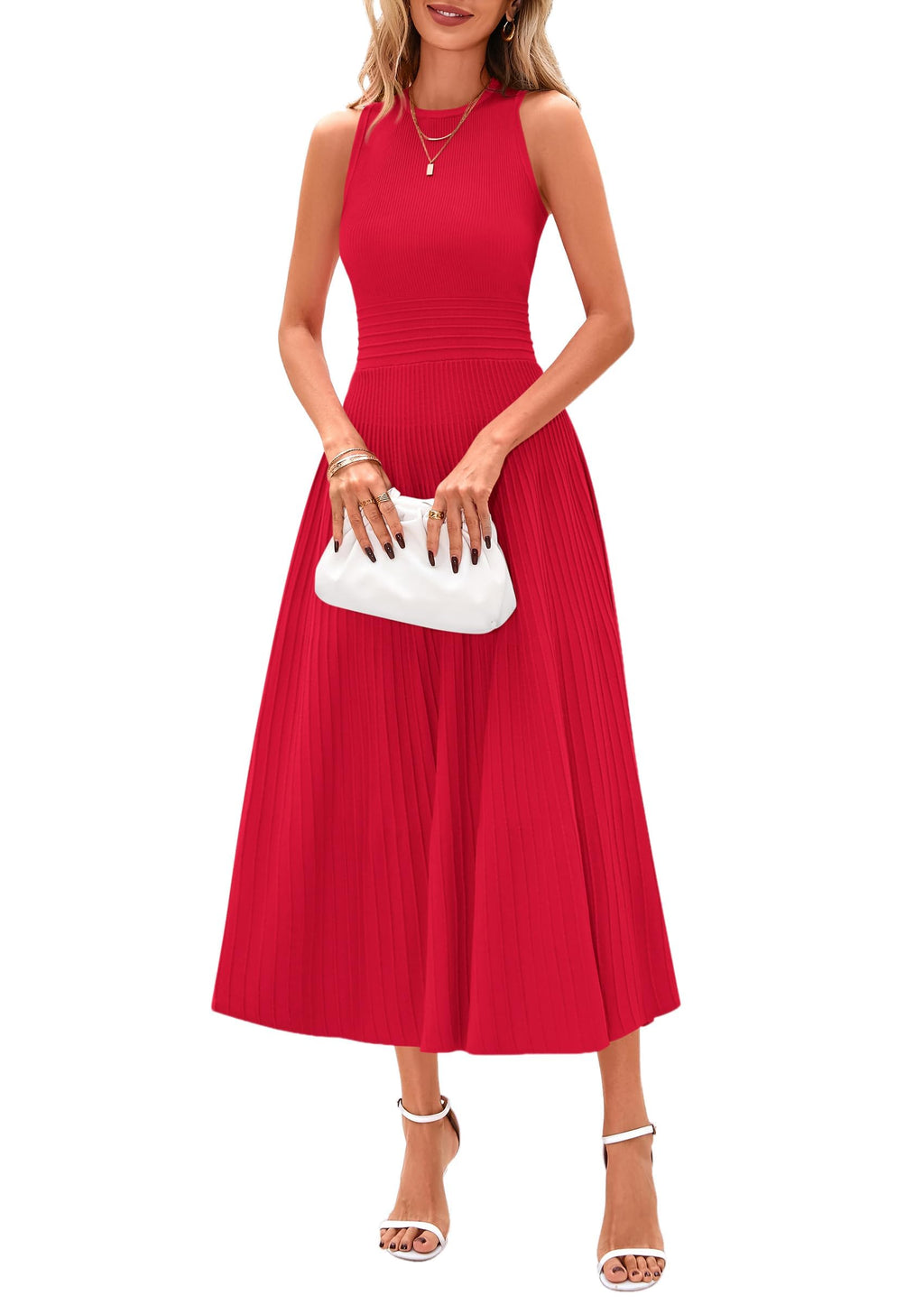 Women's Summer Pleated Midi Work Dress | Sleeveless A Line Knit Business Dresses, Spring Semi Formal Long Dress for Wedding Guest, Cocktail Party, Teacher Outfits
