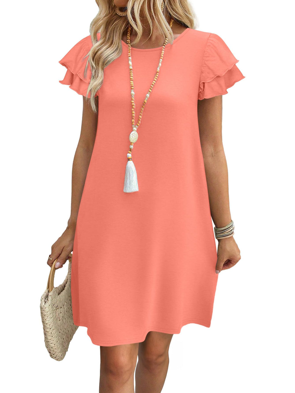 Womens Summer Dresses 2026 Ruffle Sleeve Round Neck Loose Swing Sundresses with Pockets Plain/Print