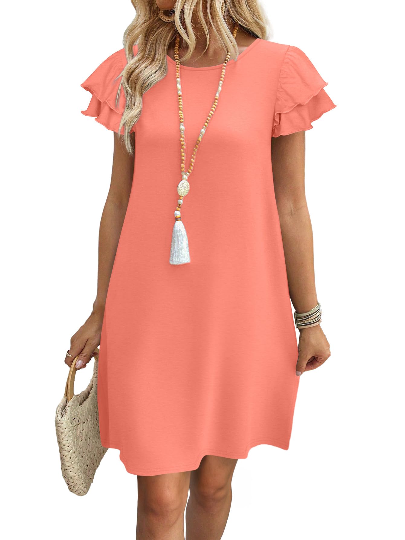 Womens Summer Dresses 2026 Ruffle Sleeve Round Neck Loose Swing Sundresses with Pockets Plain/Print
