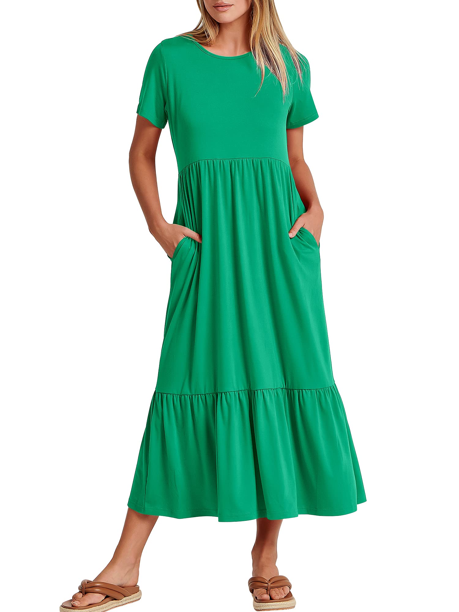 Womens 2026 Summer Casual Maxi Dress A line Tiered Flowy Short Sleeve Crewneck T Shirt Beach Travel Long Dresses