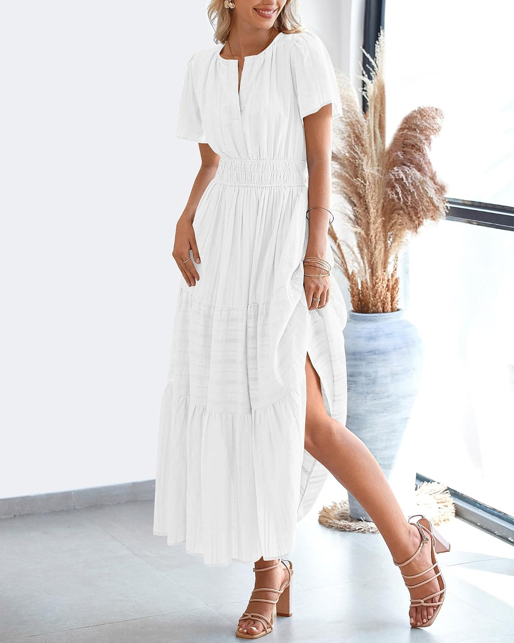 Womens Summer 2026 Casual Maxi Dresses | Lightweight Short Sleeve V Neck,Elastic Waist A Line Long Dress,Boho Beach Dress Pockets,Vacation Outfits,Fashion Clothing